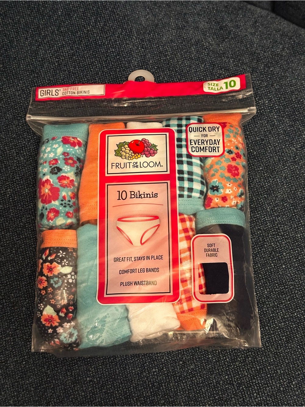 Fruit of the Loom Girls' 10-Pack Briefs – Aqua, Orange, Black, White, Floral